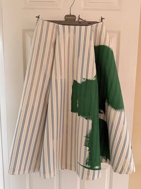 Zara Striped A-Line Skirt with Green Brushstroke Detail